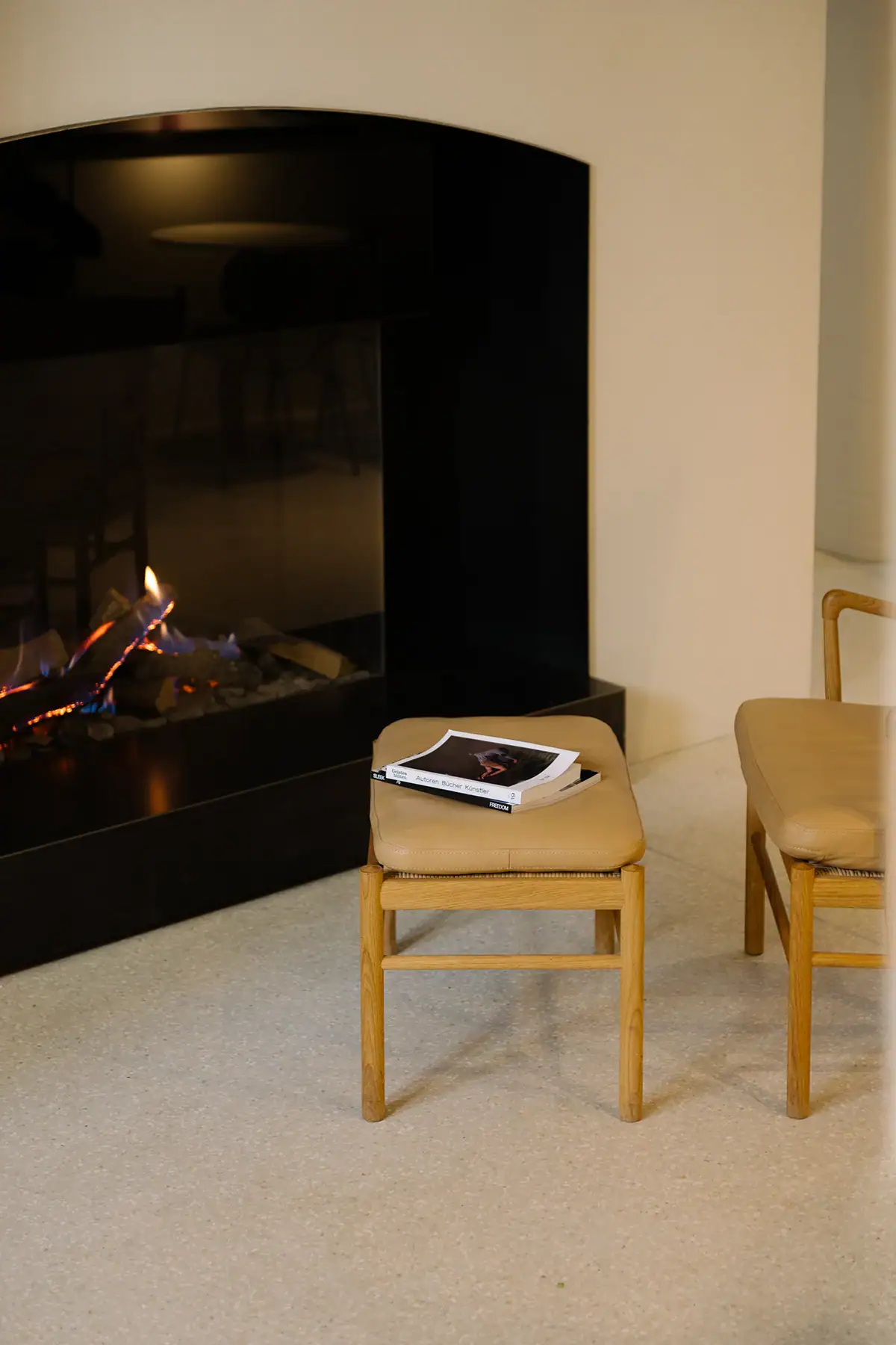 Stilvolle Sitzgelegenheiten vor einem modernen Kamin in einem Wohnzimmer.